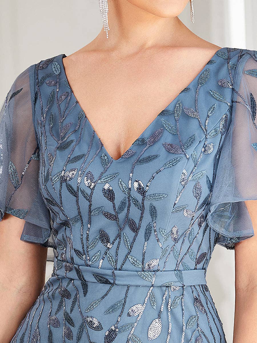 Gorgeous Leaf-Sequined Evening Dress