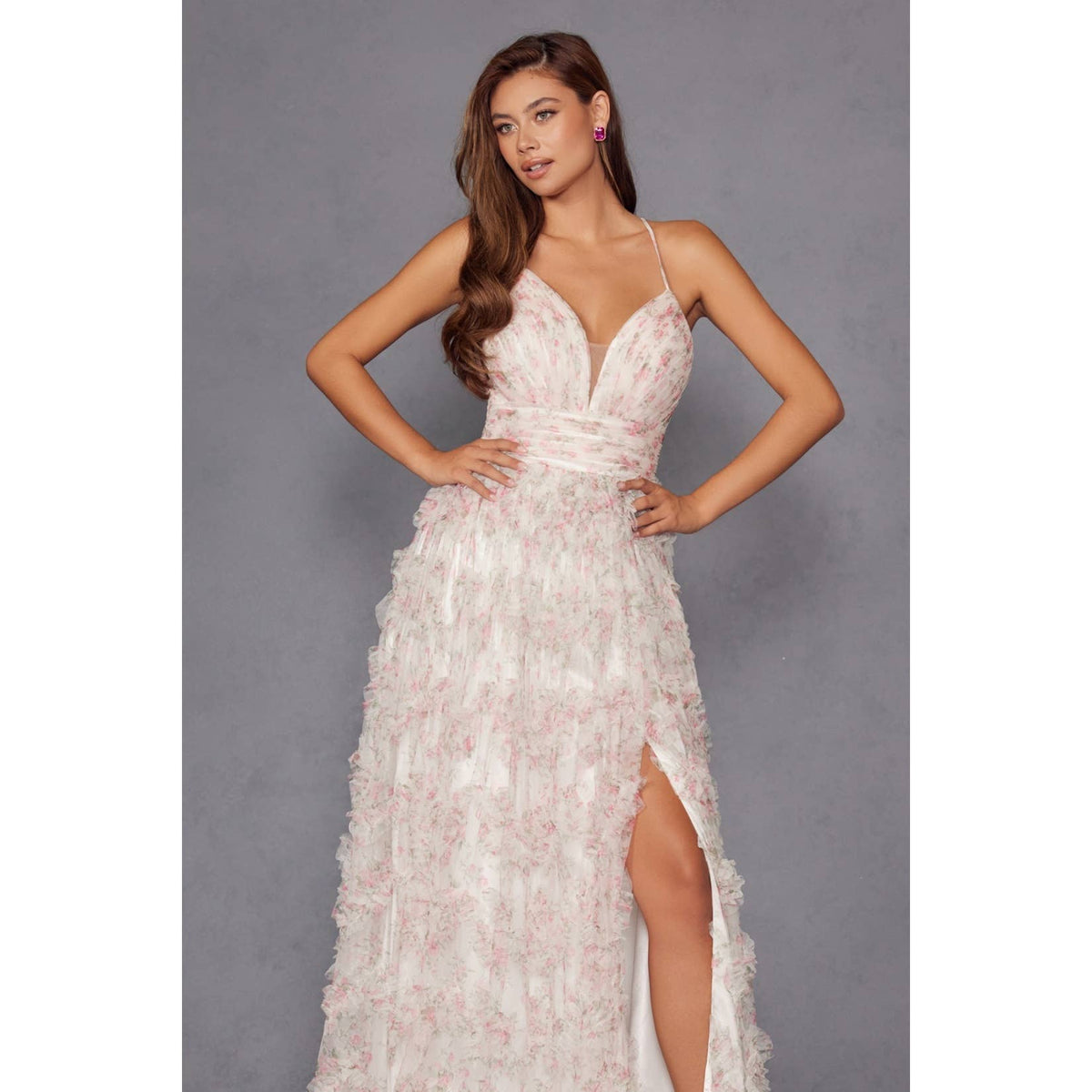JT2572U THIS DRESS FEATURES A FITTED CORSET WITH A V-NECKLIN