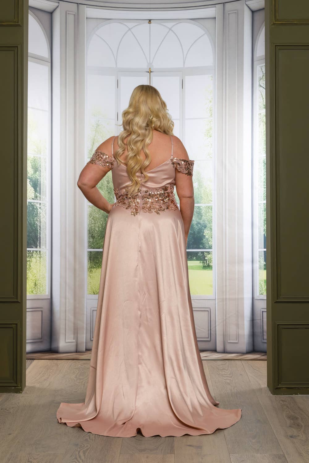 P7536-PLUS SATIN A LINE MAXI DRESS WITH SEQUINS AND BEADING