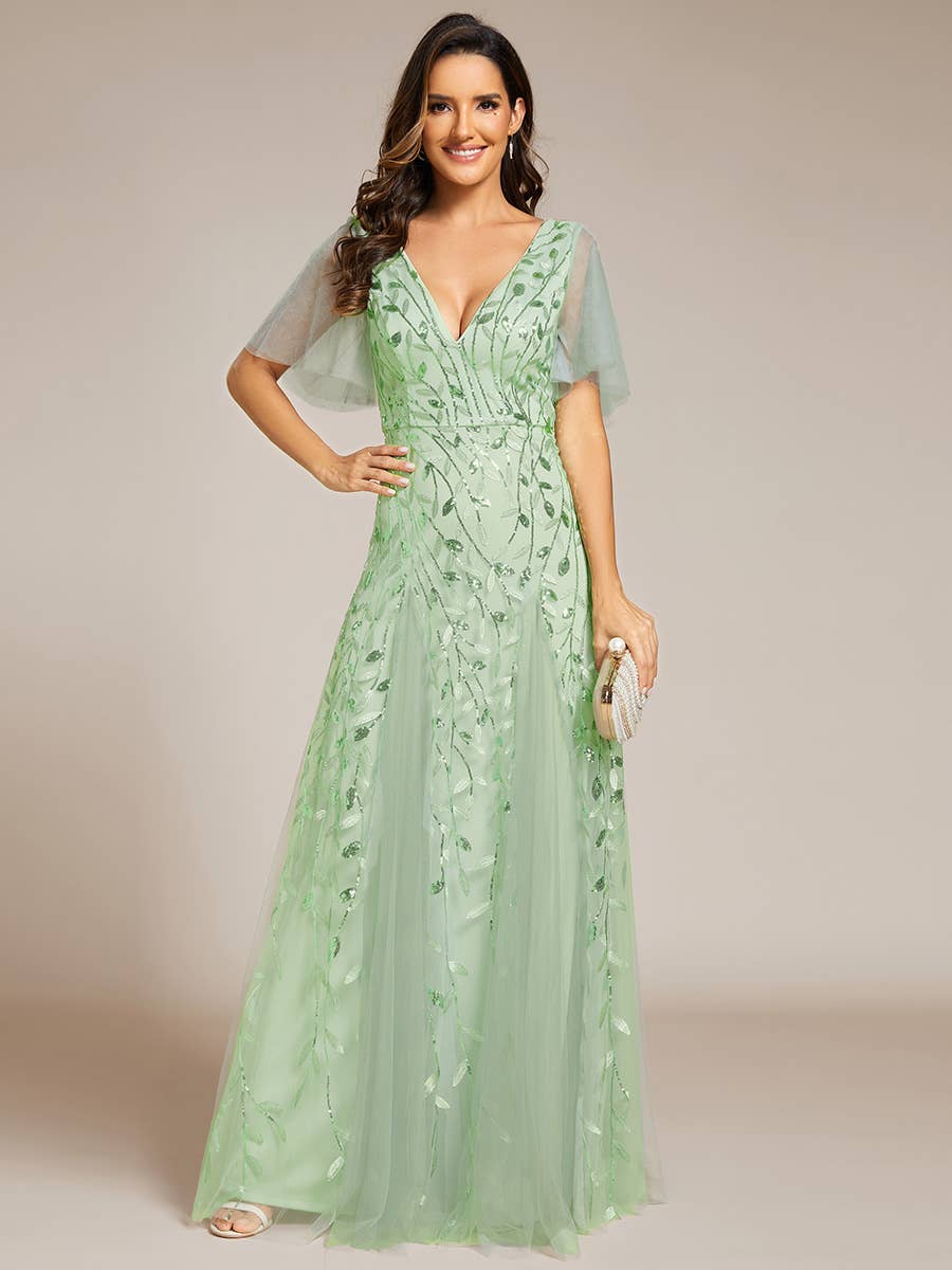 Romantic Shimmery V Neck Ruffle Sleeves Evening Dress