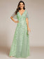 Romantic Shimmery V Neck Ruffle Sleeves Evening Dress