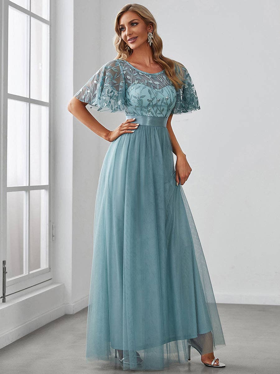 Sequin Print Maxi Long Evening Dresses with Cap Sleeve
