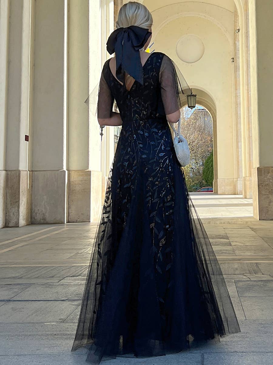 Romantic Shimmery V Neck Ruffle Sleeves Evening Dress