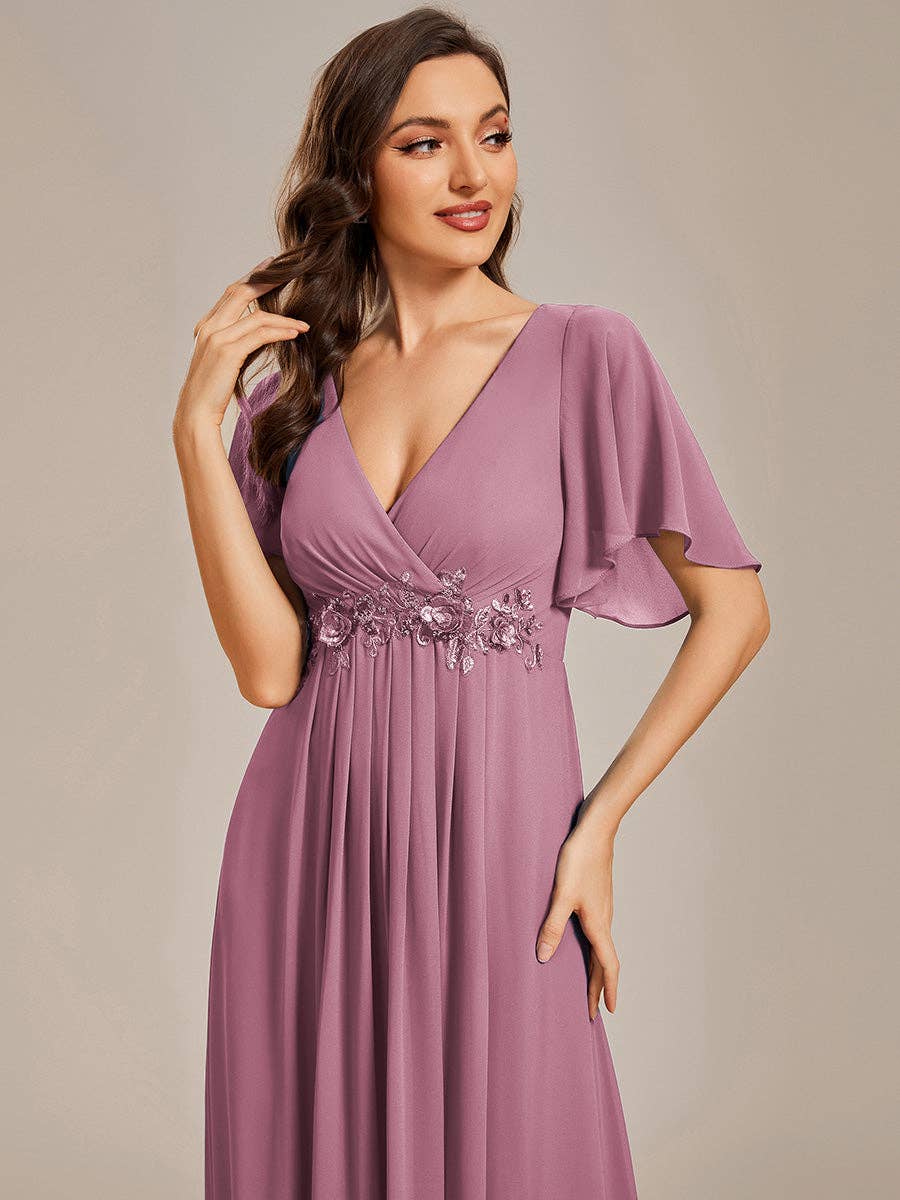 V Neck Appliques Pleated Bridesmaid Dress