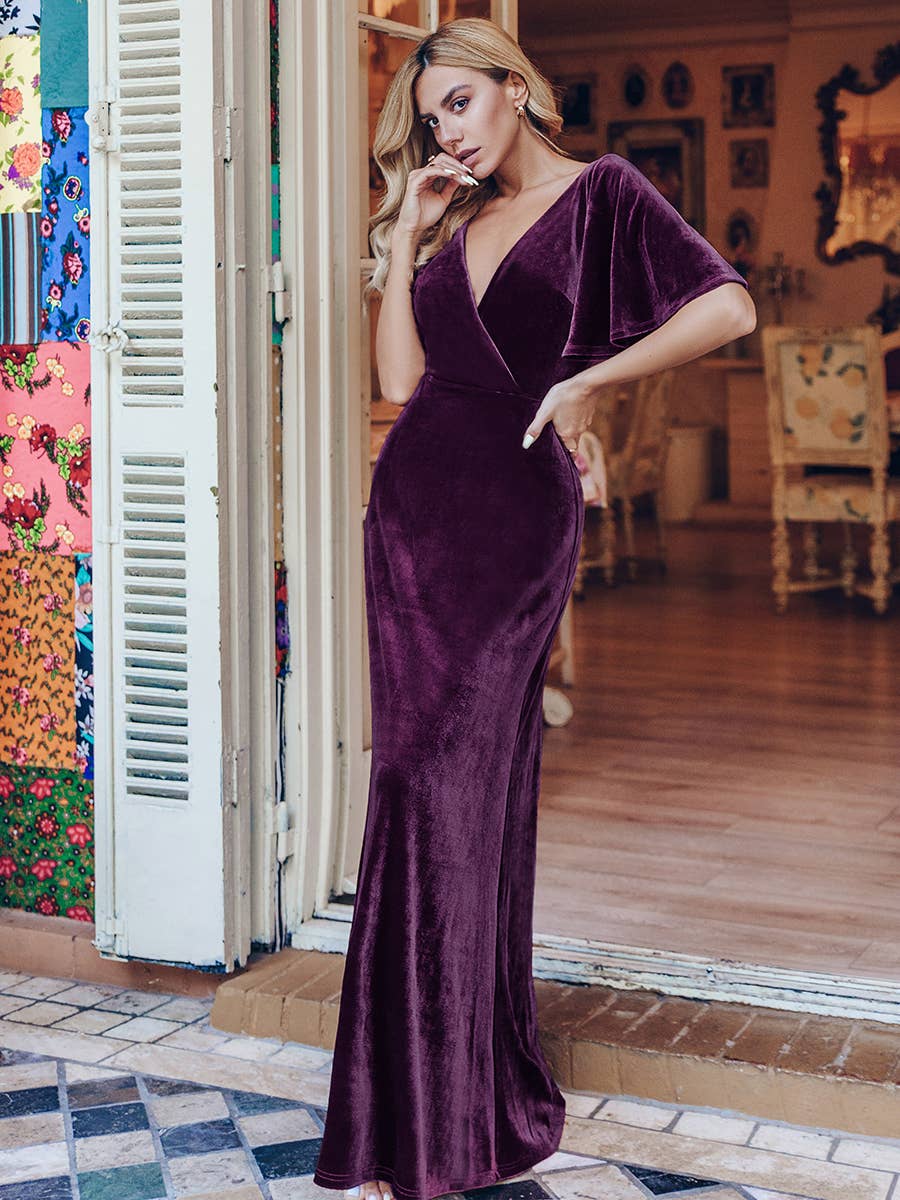 Elegant Double V Neck Velvet Wholesale Party Dress