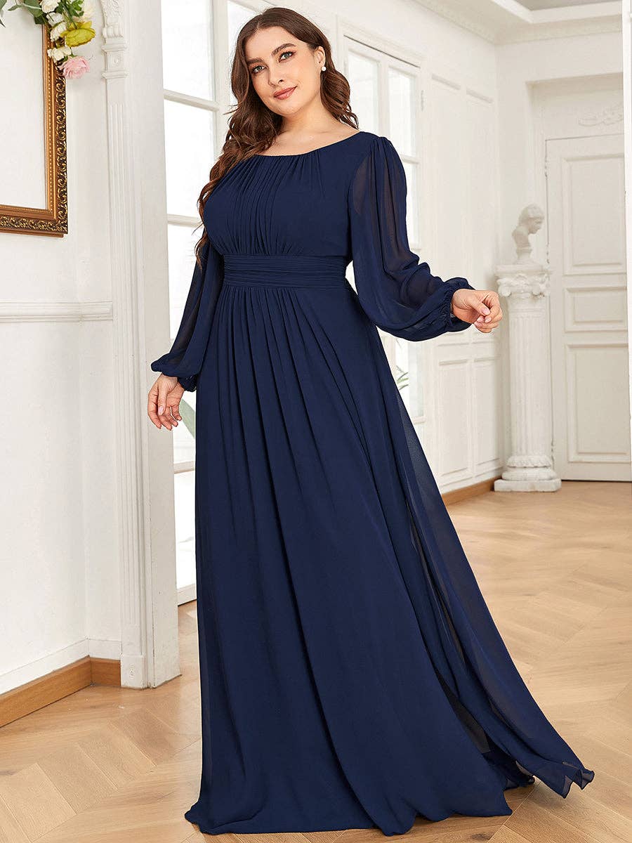 Plus Size Long Lantern Sleeves Round Neck Bridesmaid Dress