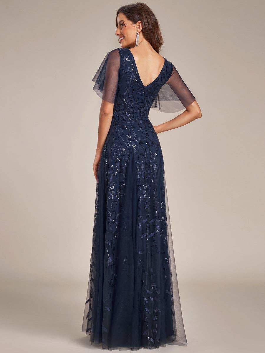 Romantic Shimmery V Neck Ruffle Sleeves Evening Dress