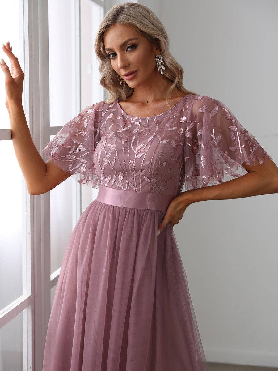 Sequin Print Maxi Long Evening Dresses with Cap Sleeve