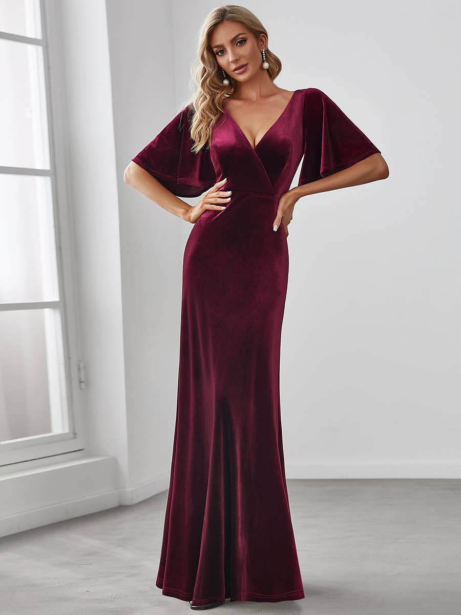 Elegant Double V Neck Velvet Wholesale Party Dress