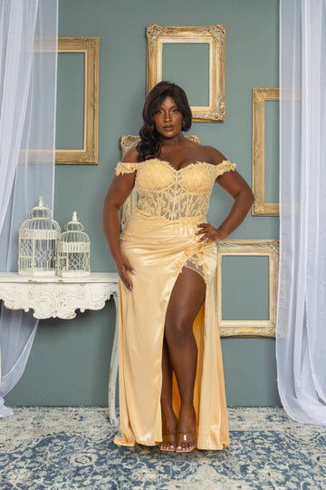 P7505-PLUS SIZE OFF SHOULDER BEADED AND EMBROIDERED MAXI