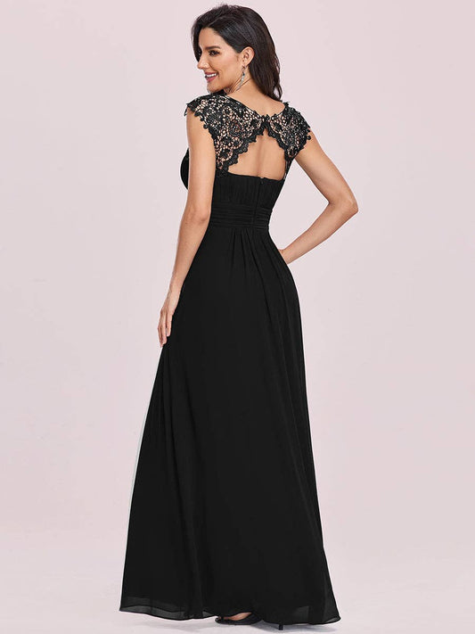 Lacey Neckline Open Back Ruched Bust  Chiffon Evening Dress