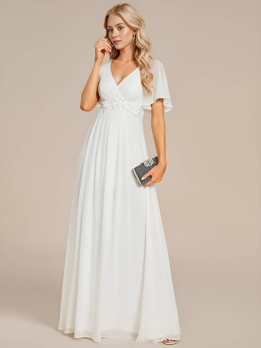 V Neck Appliques Pleated Bridesmaid Dress