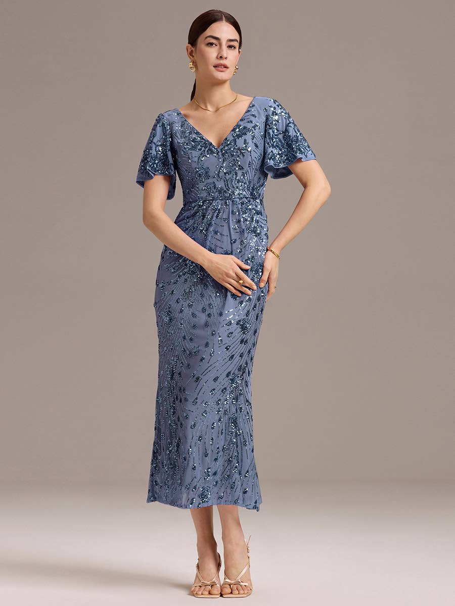 Strapless Deep Fishtail Paillette Midi Evening Dresses