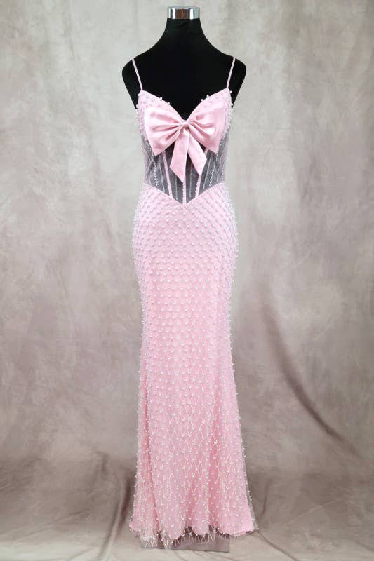 Long Dress With Bow, Pearls And Jewel Rhinestones C848