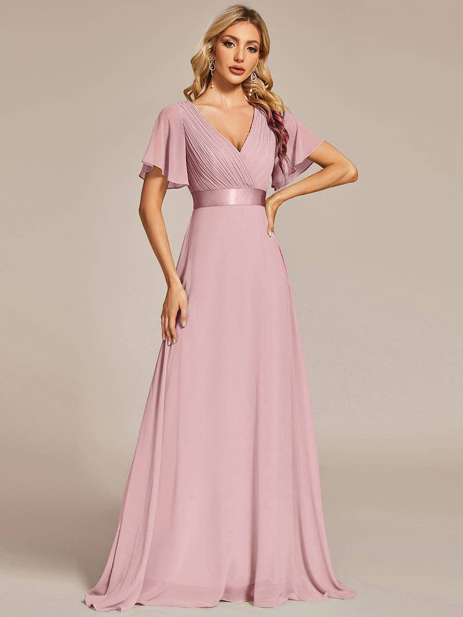 Double V-Neck Ruffles Chiffon Bridesmaid Dress