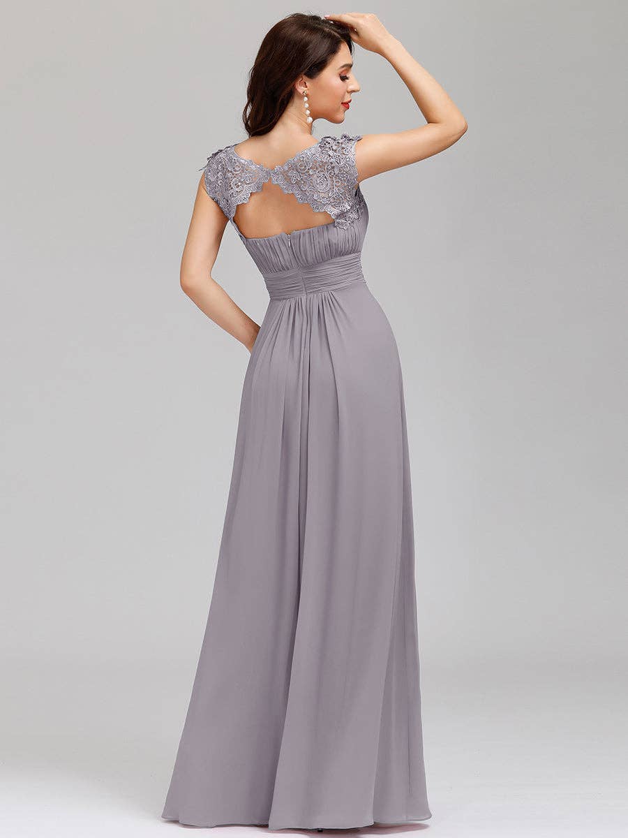 Lacey Neckline Open Back Ruched Bust  Chiffon Evening Dress