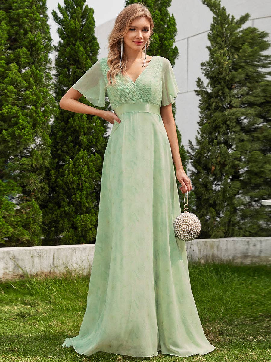 Double V-Neck Ruffles Chiffon Bridesmaid Dress