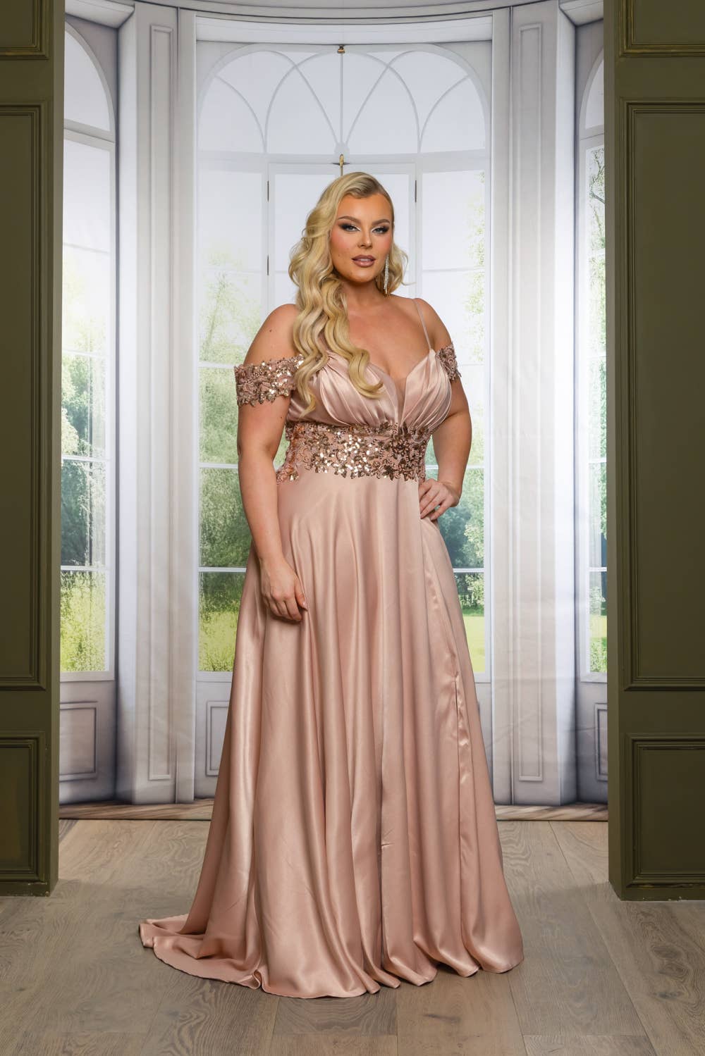 P7536-PLUS SATIN A LINE MAXI DRESS WITH SEQUINS AND BEADING
