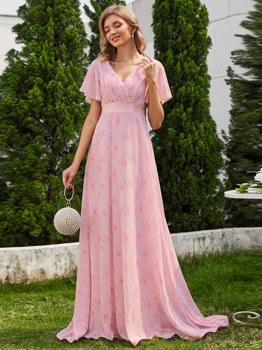 Double V-Neck Ruffles Chiffon Bridesmaid Dress