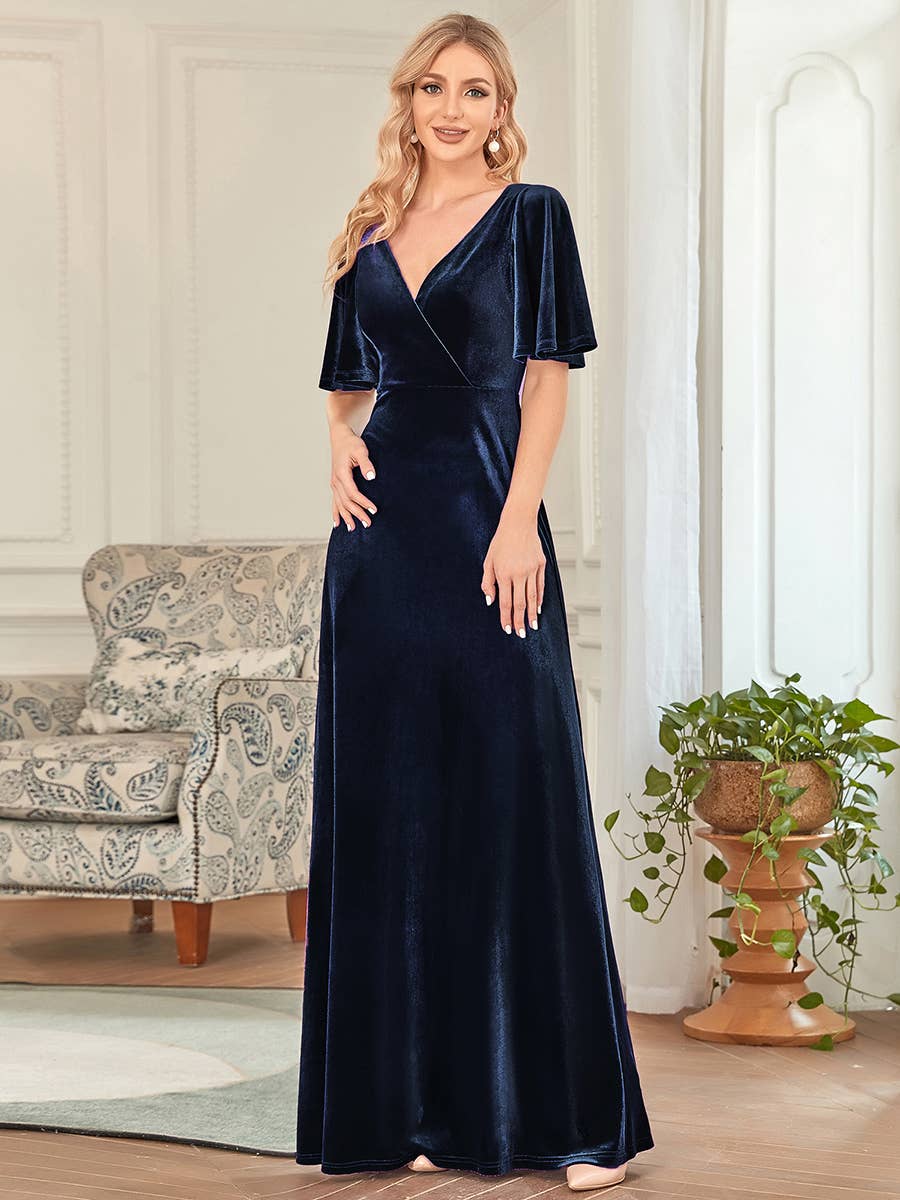 Elegant Double V Neck Velvet Wholesale Party Dress