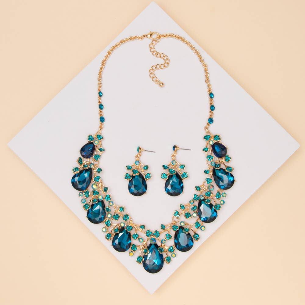 Rhinestone Embellished Teardrop Cut Crystal Necklace Set