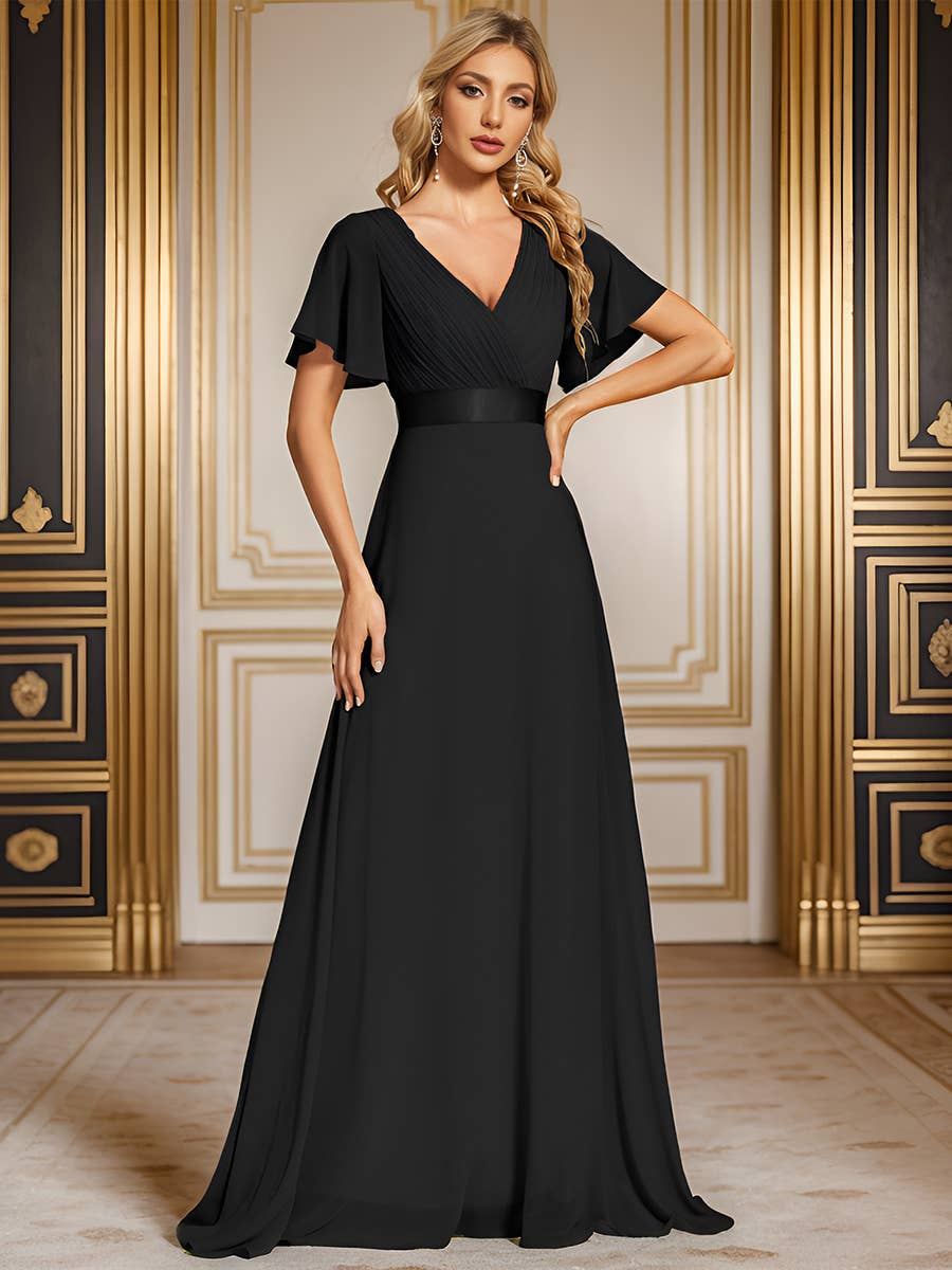 Double V-Neck Ruffles Chiffon Bridesmaid Dress