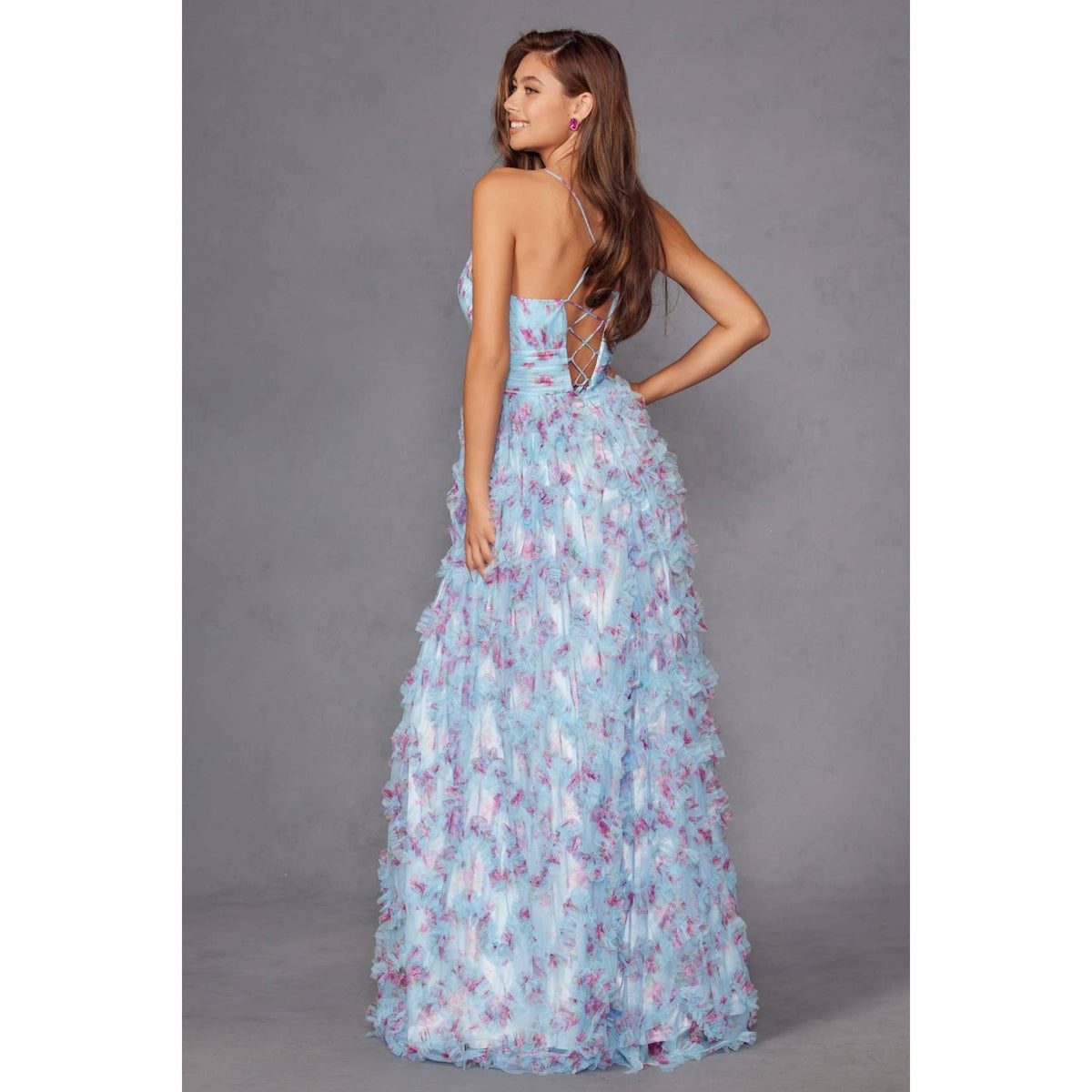 JT2572U THIS DRESS FEATURES A FITTED CORSET WITH A V-NECKLIN