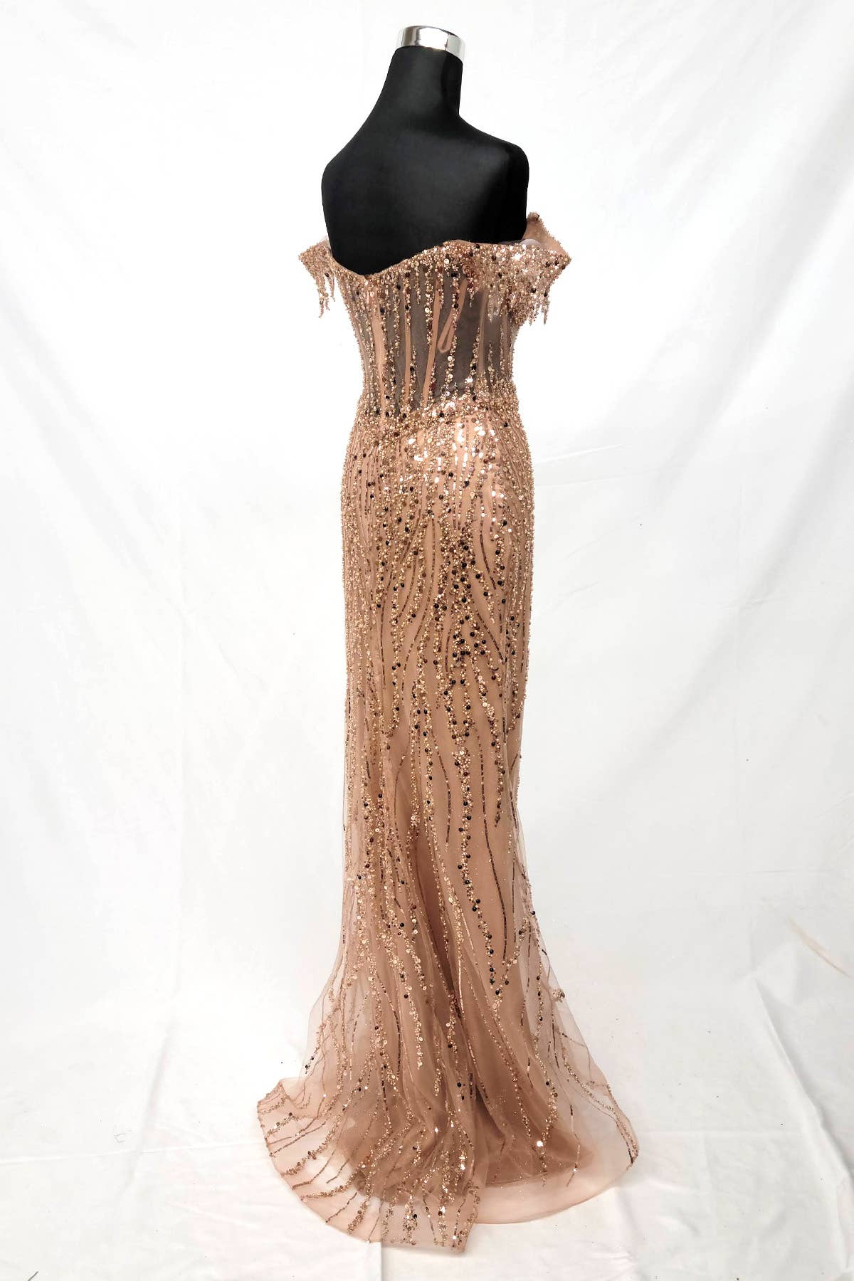 Off the Shoulder Sequin and Bead Long Dress C331