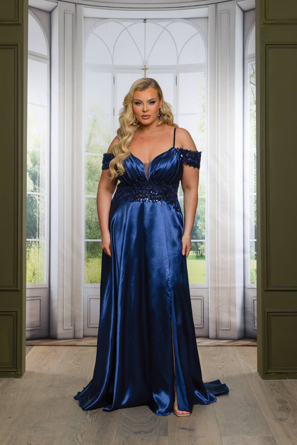P7536-PLUS SATIN A LINE MAXI DRESS WITH SEQUINS AND BEADING