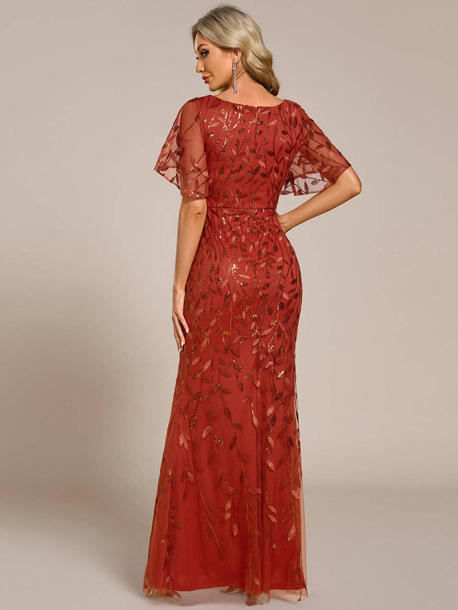 Gorgeous Leaf-Sequined Evening Dress