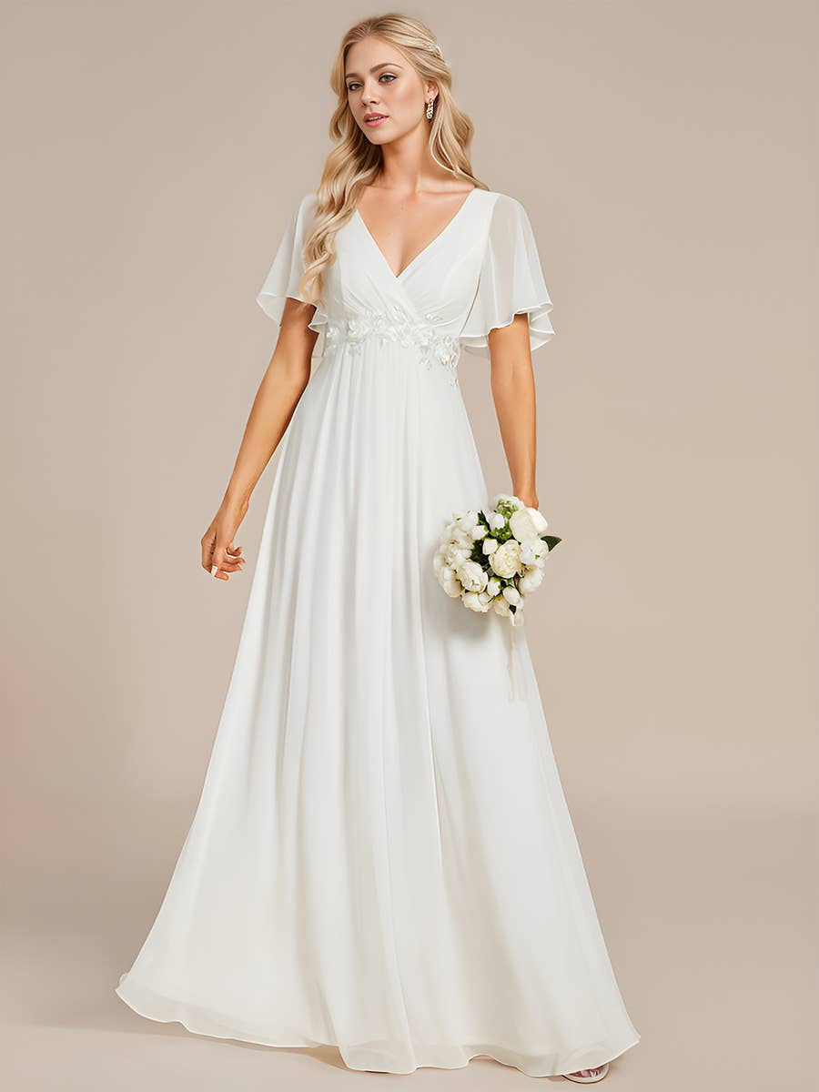 V Neck Appliques Pleated Bridesmaid Dress