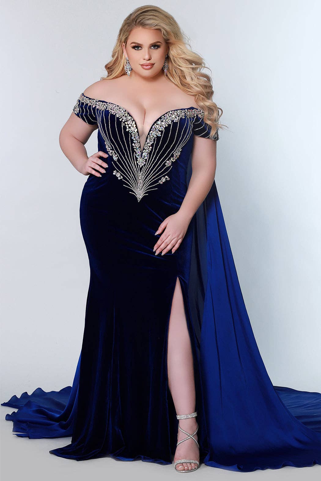 Plus Size Beaded Velvet Pageant Gown with Cape