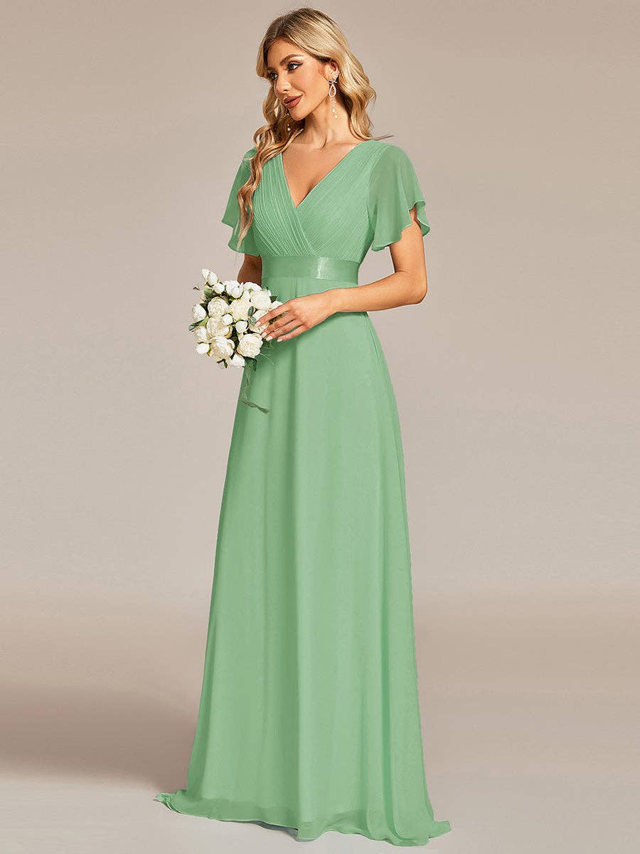 Double V-Neck Ruffles Chiffon Bridesmaid Dress