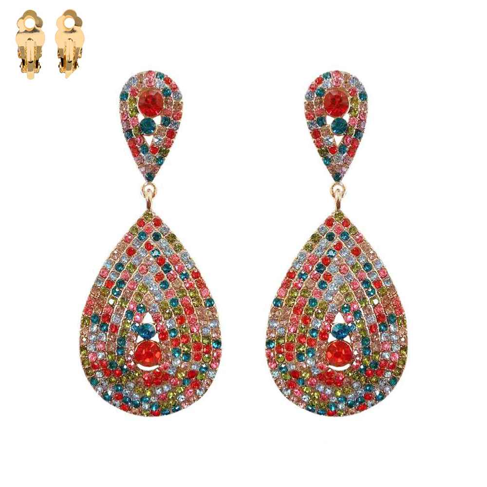 Teardrop Shaped Crystal Pave Clip-On Earrings