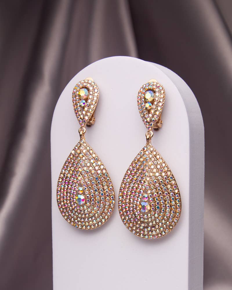 Teardrop Shaped Crystal Pave Clip-On Earrings