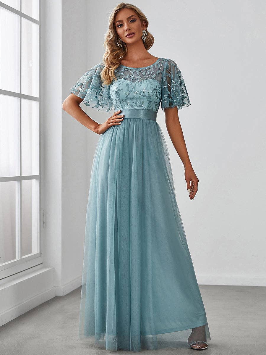 Sequin Print Maxi Long Evening Dresses with Cap Sleeve