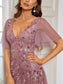 Romantic Shimmery V Neck Ruffle Sleeves Evening Dress