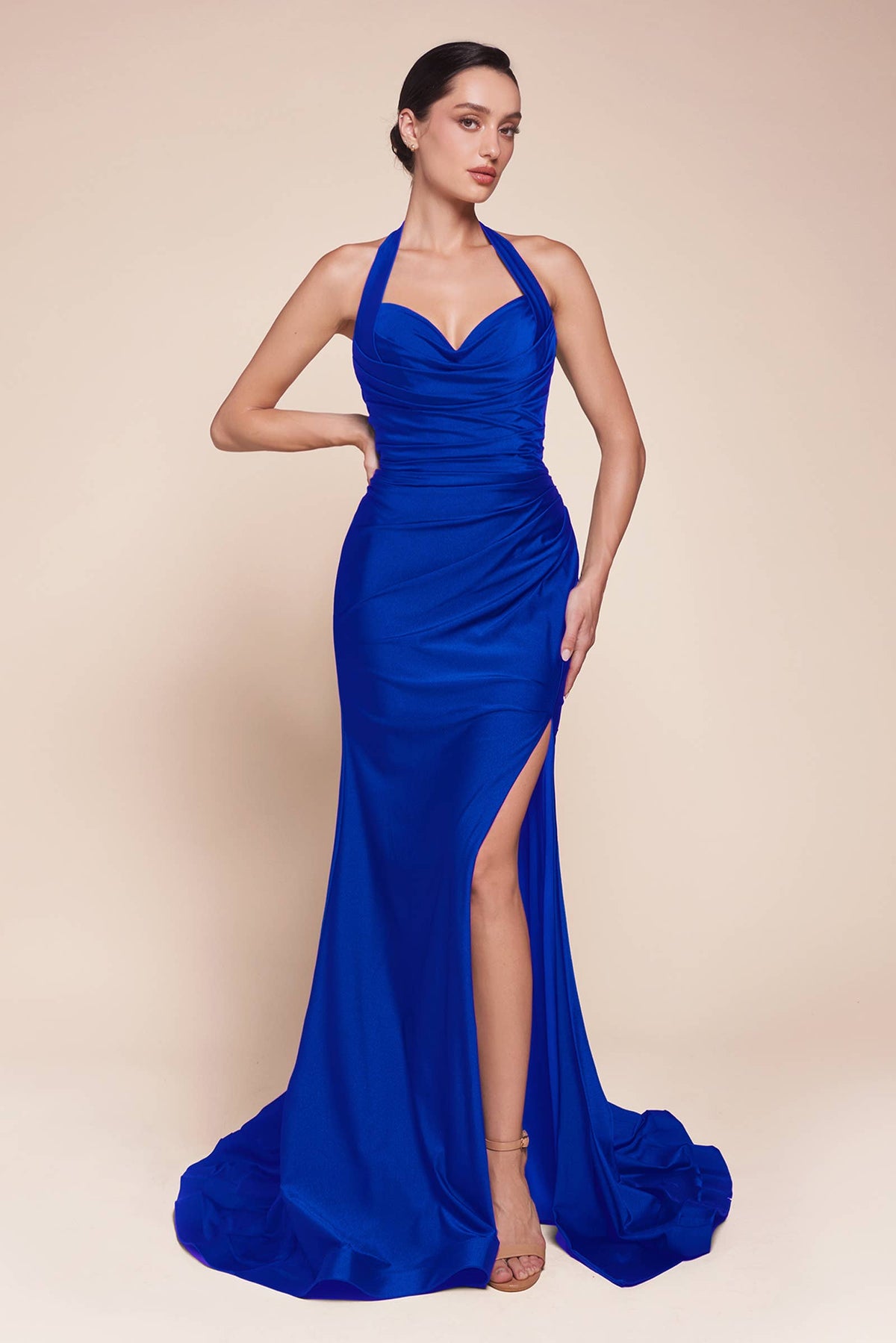 STETCH SATIN HALTER FITTED DRESS