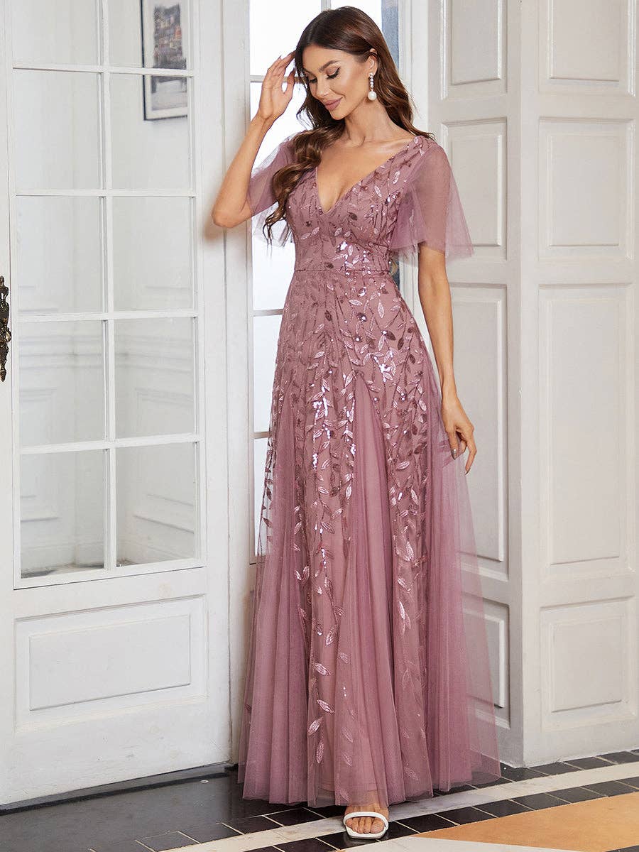 Romantic Shimmery V Neck Ruffle Sleeves Evening Dress