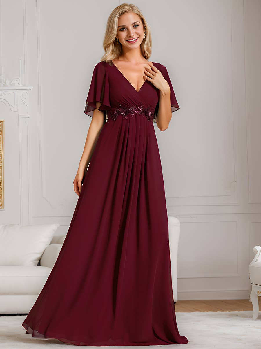 V Neck Appliques Pleated Bridesmaid Dress