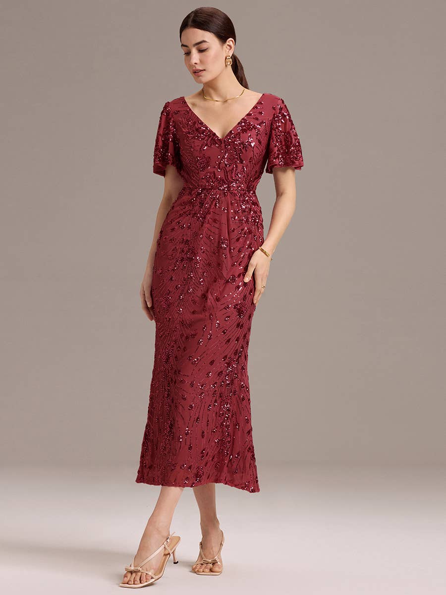 Strapless Deep Fishtail Paillette Midi Evening Dresses