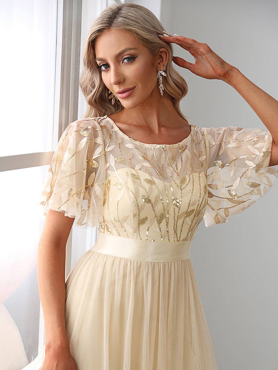Sequin Print Maxi Long Evening Dresses with Cap Sleeve