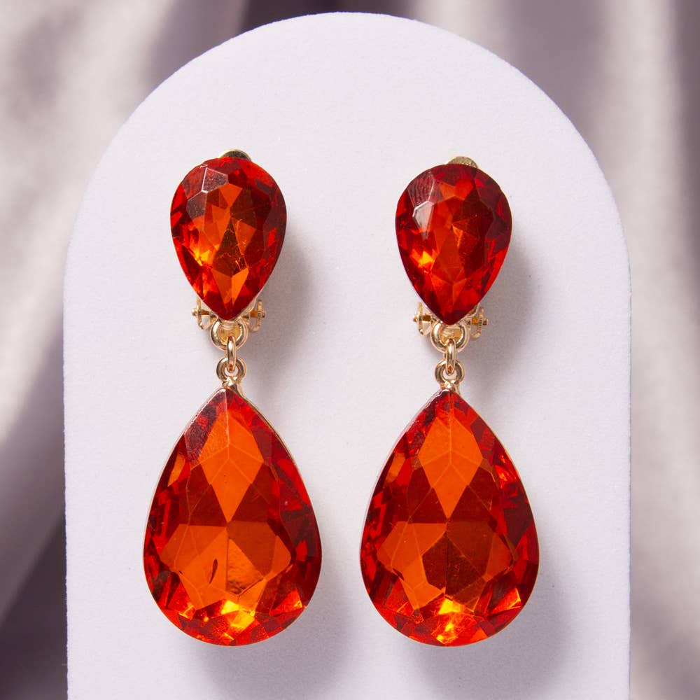 Two-Tier Teardrop-Cut Crystal Dangle Clip-On Earrings