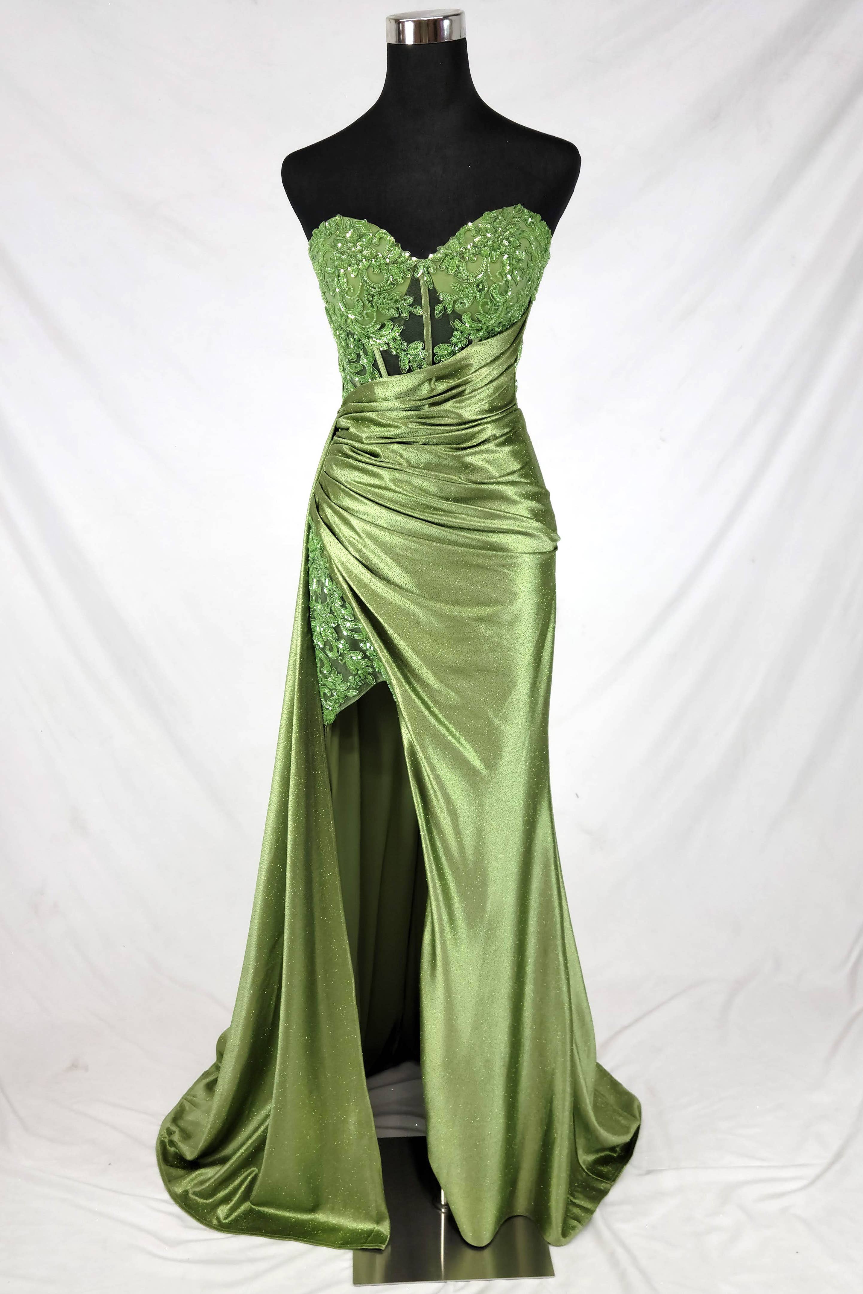 Floor length satin sweetheart dress with split skirt C843