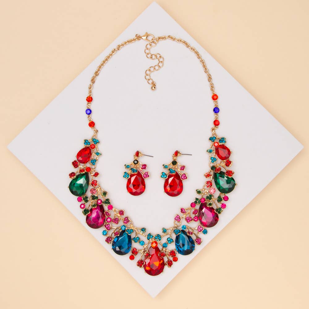 Rhinestone Embellished Teardrop Cut Crystal Necklace Set