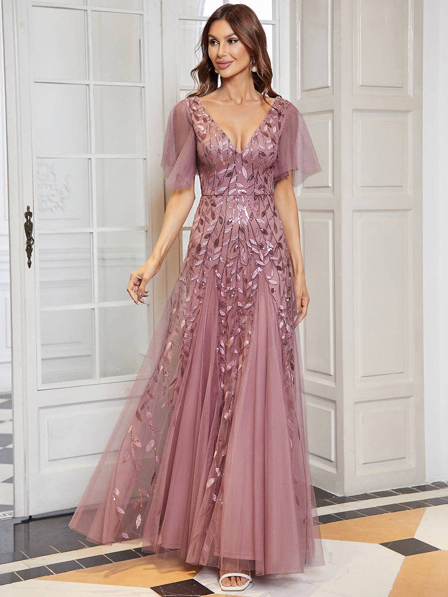 Romantic Shimmery V Neck Ruffle Sleeves Evening Dress