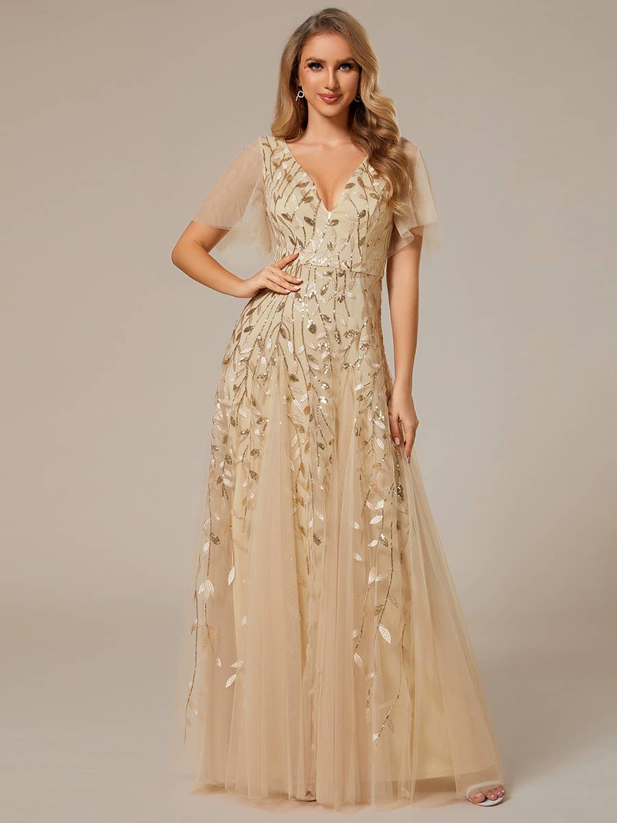 Romantic Shimmery V Neck Ruffle Sleeves Evening Dress
