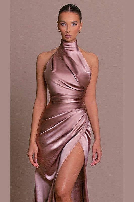 Stand Collar Halter Slit Dress