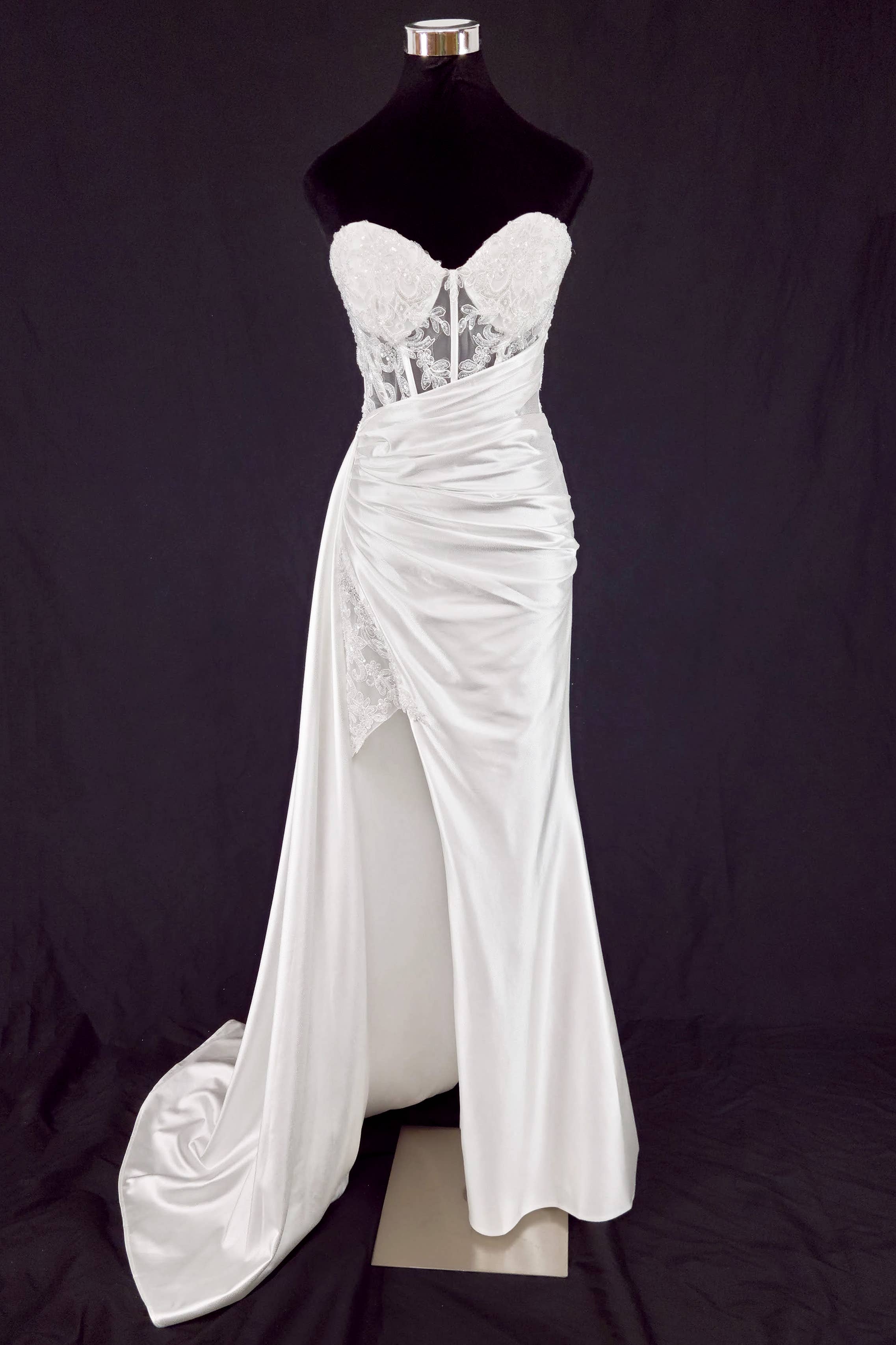 Floor length satin sweetheart dress with split skirt C843