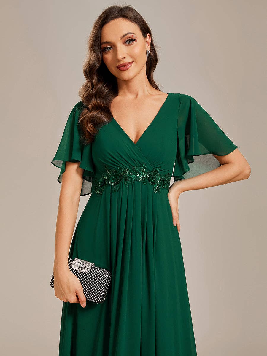 V Neck Appliques Pleated Bridesmaid Dress